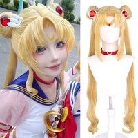 Anime Cosplay Sailor Moon Perücke Tsukino Usagi Goldgelbe Prinzessin Serenity Lange Lockige Synthetische Haare Kostüm-Perücke für Halloween