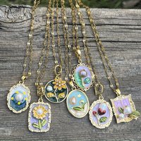 Sweet Stainless Steel Charm Necklace New Drip oil Enamel Art Inlaid Pearl Flower Oval Pendant Necklaces For Women Jewelry Gift
