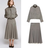 Color Block Plaid Pilot Jacket Coat Long Sleeve High Collar Women's Spring Fashion Set with Midi Skirt Spring Season Pattern