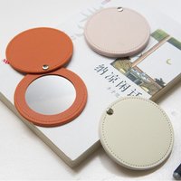 New Pu Leather Makeup Mirror Round Ultra-Thin Cosmetic Mirror Lightweight Solid Color Pocket Mirror