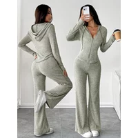 Fashionable Casual Women's Solid Color Hooded Zipper Top And Loose Flared Pants Set Streetwear Style Comfortable Outfit