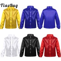 Kids Boys Sequins Shirts Shiny Long Sleeve Spread Collar Dance Shirts Jazz Latin Hiphop Street Dance Performance Shirt Costume