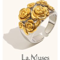 La. Muses Mixed Color Flower Texture Stainless Steel Women's Open Ring PVD Gold Plated Romantic Fashion Waterproof Jewelry Gift