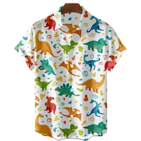 Black And White Simple Men's Shirt Cute Dinosaur Print Clothing Lapel Short Sleeve Fashion Street Tops Hawaii Island Outfit