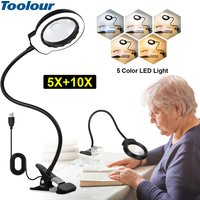Toolour 5X/10X Magnifying Glass with 5 Color LED Light Gooseneck Arm Illuminated Magnifier Lamp for Soldering/Reading Close Work
