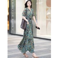 High Quality Size 5XL Printed Long Dress 2023 Summer New Half-Sleeve Dresses V-Neck High Waist Lacing Temperament Female Clothes