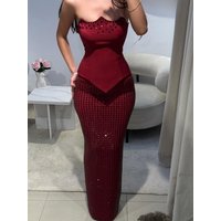 Women Diamonds Slim Skirts Two Piece Set Sexy Wine Red Strapless Crop Top + Long Slim Rhinestone Skits Suits Party Christmas Set