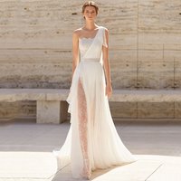 Elegant Boat Neck One Shoulder Wedding Dress Boho Chiffon Lace Irregular Floor Length Bride Beach Customized Summer Bohemia Gown