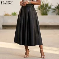 ZANZEA Women's Elegant Satin Midi Skirts Elastic Back High Waist Inverted Pleats Party A-Line Skirts Female Cocktail Faldas