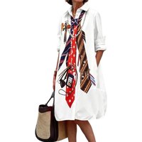 UOOZEE 2026 New Trendy 3D Necktie Printed Midi Dresses For Women Long Sleeves Loose Fashion Streetwear Lapel Shirt Dress