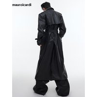 Mauroicardi Spring Autumn Long Waterproof Oversized Black Brown Pu Leather Trench Coat Men Belt Double Breasted Leather Overcoat