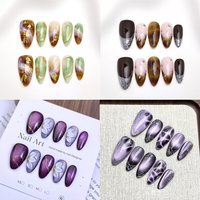 10pcs/bag Purple Flower Cat Eye Silver Chrome Smudge Effect Handmade Press On Nails Almond Detachable False Nails