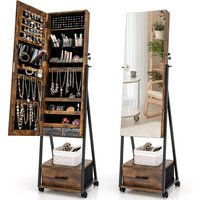Floor-Standing Lockable Jewelry Armoire with Full-Length Mirror, Drawers, and Wheels for Bedroom or Dressing Room (Rustic Brown)