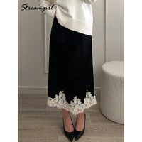 Midi Satin Skirt With Lace Brown Women Summer Office Zipper Skirts A Line Patchwork Satin Silk Skirts Midi Black Luxury Woman