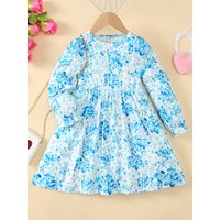 Children Girls' Autumn Dress Blue Tie-dyed Floral Long sleeved Dress Suitable for Daily Casual Clothing of 2-7Year-old Girls
