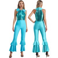 Womens 70s Disco Shiny Sequins Jumpsuit Sleeveless Turn-Down Collar Zipper Rhinestone O-Ring Front Tiered Bell-Bottom Bodysuit