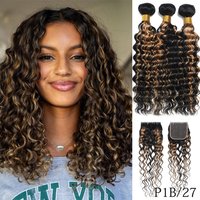 100% Human Hair Bundles With 4X4 HD Lace Closure Wet and Wavy Highlight Ombre Brazilian Virgin Deep Curly Bundles With Closure