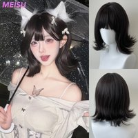 MEISU 12 Inch Short Black Bangs Wig Synthetic Fiber Layered Heat-Resistant Natural Smooth Hair Cute Cosplay Party For Women Use