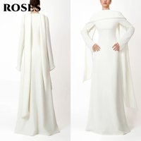 ROSES White Regal Minimalism Party Dress High-Neck Satin Evening Dresses with Draped Shawl Sleeves and Beaded Edges Customized