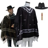 Movie Cosplay Clint Eastwood Poncho Cowboy Serape Aztec Pattern Men Black Fringed Shawl Cape Cloak Hat Halloween Party Costume