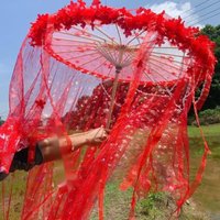 Red 85cm Flower Beach Shade Umbrella Fan Lolita Hanfu Accessories Super Fairy Ribbon Yarn Bead Catwalk Parasol Paraguas