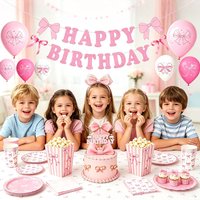 New Pink Bow Birthday Party Decoration Tableware Set Cups Plates Napkins Balloons Gift Bags Banner Backdrop Girls Party Supplies