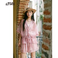 ELFSACK Gothic Court Style 2-Piece Set with Printed Blouse & Shorts, Drawstring Waist Glossy Fabric Outfit with Character Print