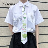 Y Demo Y2k Cute Green Apples Printing Pattern White Necktie Casual Long Women Ties