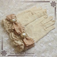 Retro Cream Lace Gloves with 3D Flower Elegant Pearl Chain Wrist Gloves Victorian Style Short Gloves for Bridal Tea Party Lolita