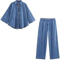 New Women's Wide Sleeved Simple Casual Denim Shirt High Waisted Pleated Wide Leg Casual Jeans