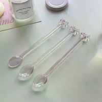 Pink Bow Glass Coffee Spoon Long Handle Heat Resistant Teaspoon For Dessert Milk Tea Stirring Household Kitchen Tool
