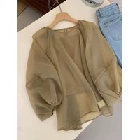 Women's Vintage Soft Mocha Color Top Thin Summer Fashion Design Two-Piece Set Korean Style Loose Bubble Sleeve Polyester