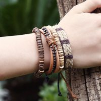 4Pcs/ Set Braided Wrap Leather Bracelets for Men Vintage Life Tree Rudder Charm Wood Beads Ethnic Tribal Wristband Rope Bracelet
