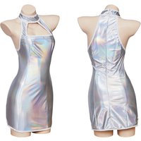 Austin Powers Vanessa Cosplay Costume Suspender Dress Vanessa Sexy Strappy Halter Silver Stretch Mini Dress Hallowen Costumes