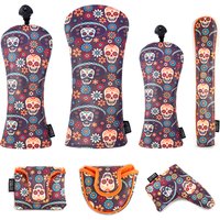 Día de los Muertos Style Soft PU Leather Printing Golf Club Headcover 3pcs Set Option Driver Fairway Wood Hybrid Covers
