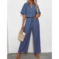 Ladies Solid Color Short Sleeve Two-Piece Set Fashion Casual Short Suit Jacket Wide Leg Pants Casual Outfit