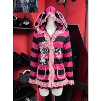 Spring Autumn Japanese Casual Punk Jirai Kei Hoodie Women Bunny Ear Striped Vintage Anime Coat Yami Kawaii Goth Hooded Coat Y2K