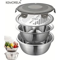 4-in-1 Stainless Steel Kitchen Multifunctional Basin with Lid Airtight Rice Washer Drain Colander Ginger Cheese GraterEssential