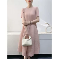 Miyake Pleated Dress Women 2023 Elegant Slim Summer New Casual Mid-Length Dresses Women Clothing O Collar Short Sleeve Bud Skirt