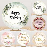 Happy Birthday Party Round Backdrop Cover Gold Frame Green Leaf Flower Adult Birthday Custom Circle Photography Background Decor