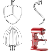 Stainless Steel 3-Piece Mixer Attachments Set, Dough Hook + 6-Wire Whisk + Flat Beater, Fit Kitchen Aid 5-6QT Bowl-Lift Mixers