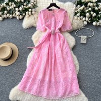 Vintage sexy Embroidered mesh A-line short sleeve Dress Chic Summer Beach Vestidos Women Vacation dresses