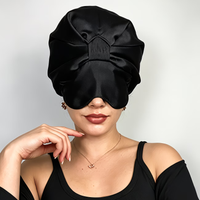 Double Layer Satin Bonnet with Eye Mask Adjustable Silk Sleep Cap Turban Style Hair Wrap for Curly Hair Black