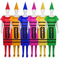 6 Colors Halloween Funny Crayon Costume for Adult Couples Red Blue Yellow Crayon Dress with Hat Purim Carnival Party Outfits