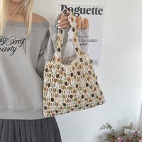 Beaded Large Capacity Shoulder Bag Women Retro Hollow Out Woven Beach Purse with Inner Lining Fashion Style Personality Handbag
