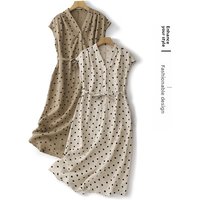 Korean Style Large Size Cotton Linen Dress Women's Fashionable Polka Dot Midi Dress Summer Casual V Neck Sleeveless a Line Skirt
