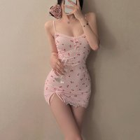 Trendy Pink Cherry Print Dress Women's Cute Fitted Mini Nightgown Lace Trim Detail Spaghetti Strap Summer Style New Fashion Hot
