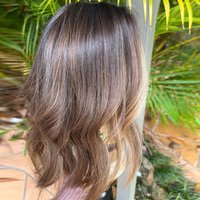 Brunette Brown Highlights Wig for Women 14" Shoulder Length Natural Wave Bob Wig Dark Roots Synthetic Heat Resistant Fiber Wig