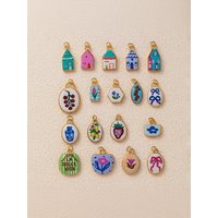 Fashion Oval Painted Oil Drop Pendant Cute Flower House Printing Charm For Jewelry Making Necklace Earring Hanging Accessories