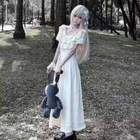 Y2k Japan Style Lolita Lace Slim Pure Color Short Sleeve Dress Summer 2000s Harajuku Vintage Gothic One Piece Dress Korean Chic